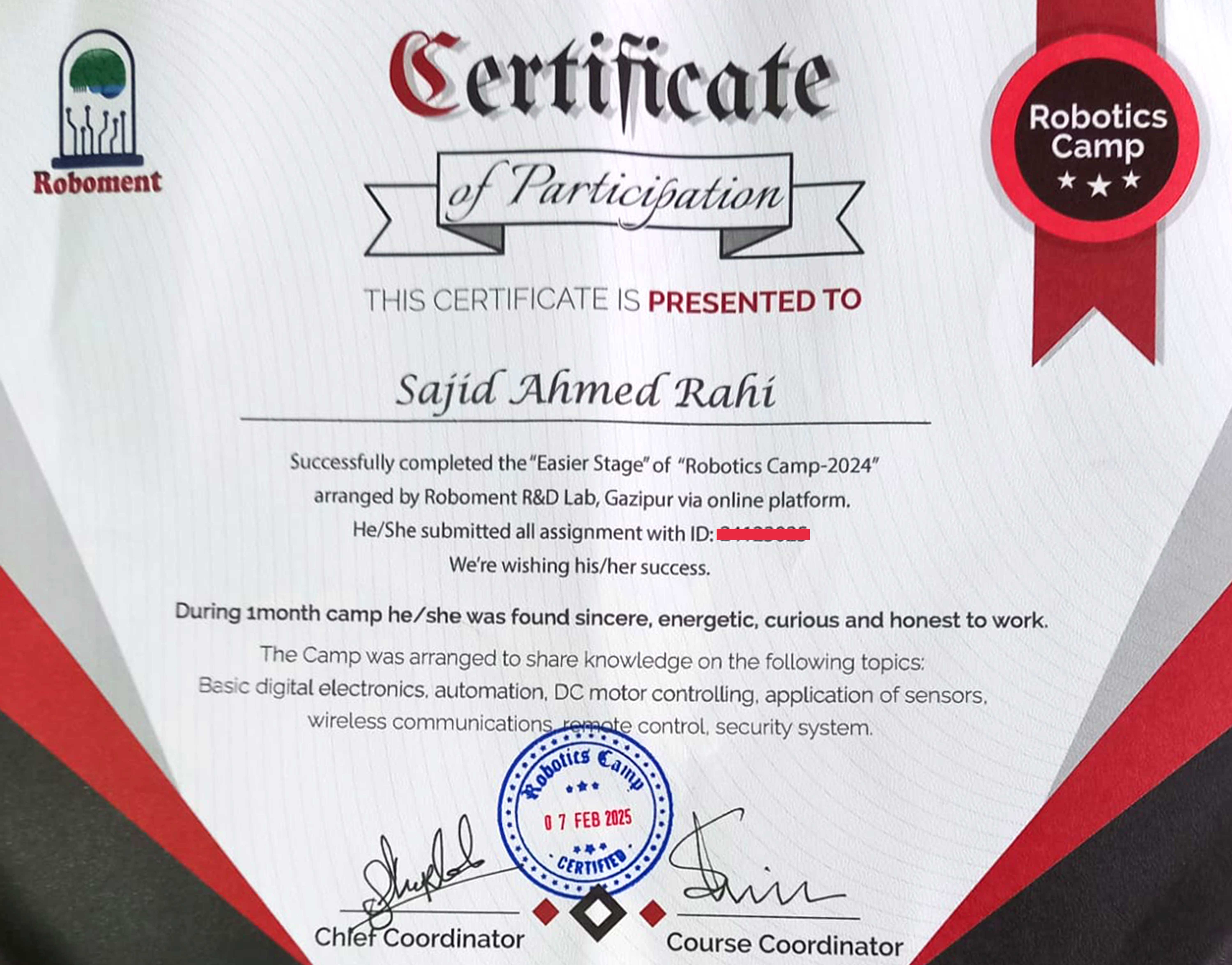 Robotics Camp 2024 certificate from Roboment R&D Lab